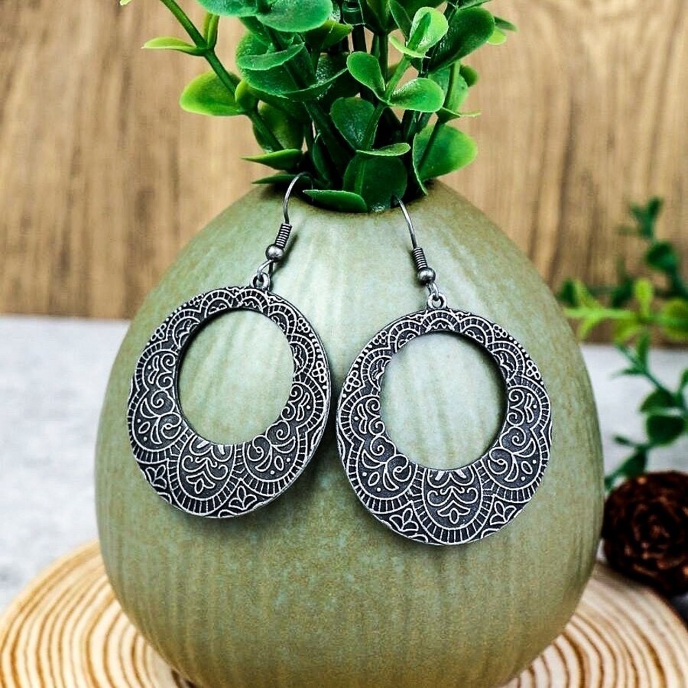 Any 3/$25! Dark Gray Engraved Circular Boho Drop Earrings - Picture 2 of 7